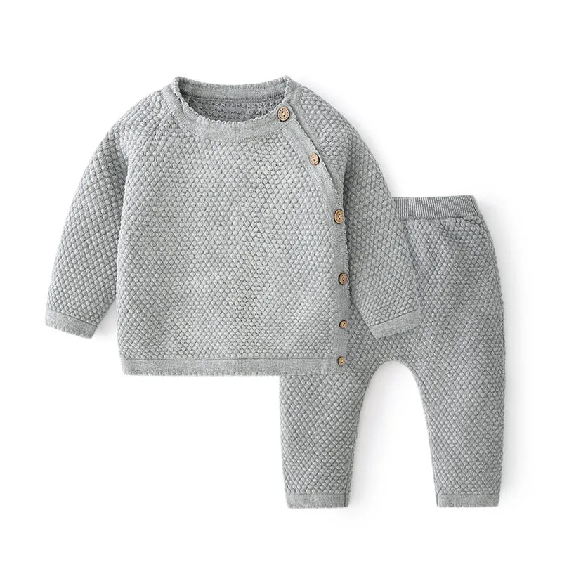 Baby Cotton Knit Sweater Set with Side Buttons and Matching Pants, Textured Two-Piece Outfit for Boys and Girls, Newborn to Toddler Sizes