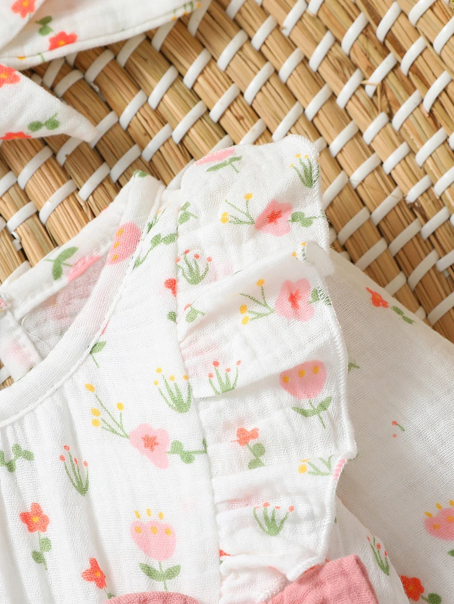Baby Girl Heart Print Romper with Shoulder Ruffles and Bow Details, Long Sleeve Cotton Jumpsuit with Inner-Leg Snaps, Sizes 0-6 Months
