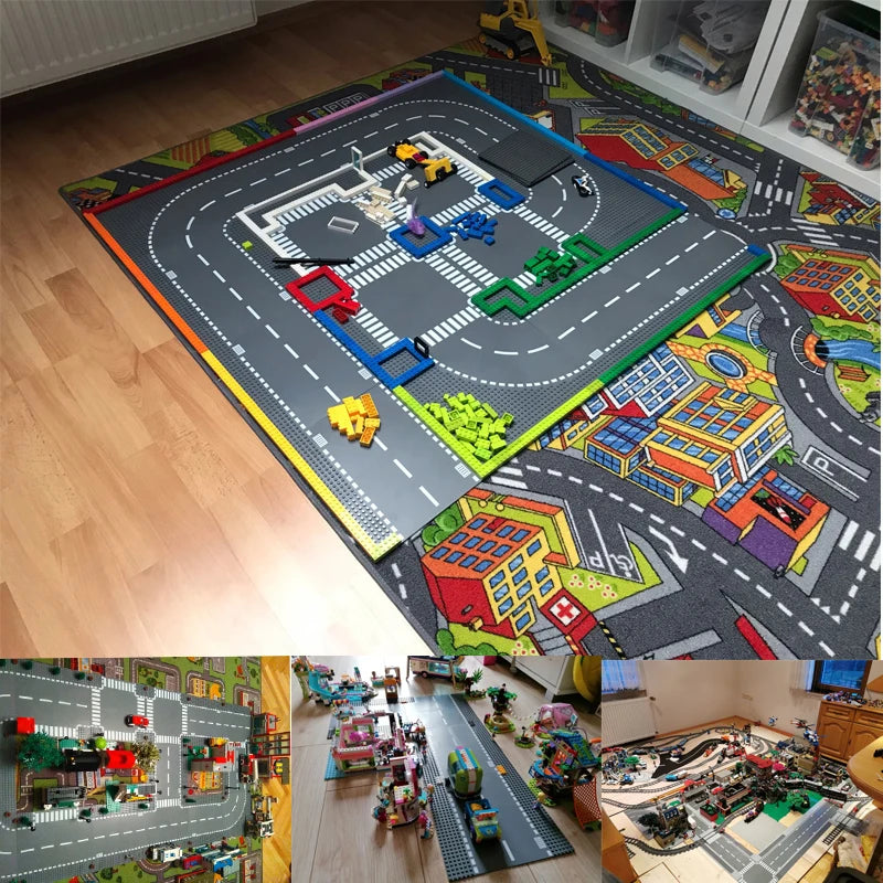 City Road Building Block Base Plates, 25.5 x 25.5 cm Single-Sided Street Panels for Brick Town Layouts, Traffic Scenes and Creative Construction Play