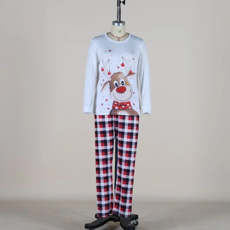 Reindeer Family Matching Pajamas with White Long Sleeve Tops and Red Black Plaid Pants, Christmas Outfits for Mom, Dad, Kids and Baby Size Options