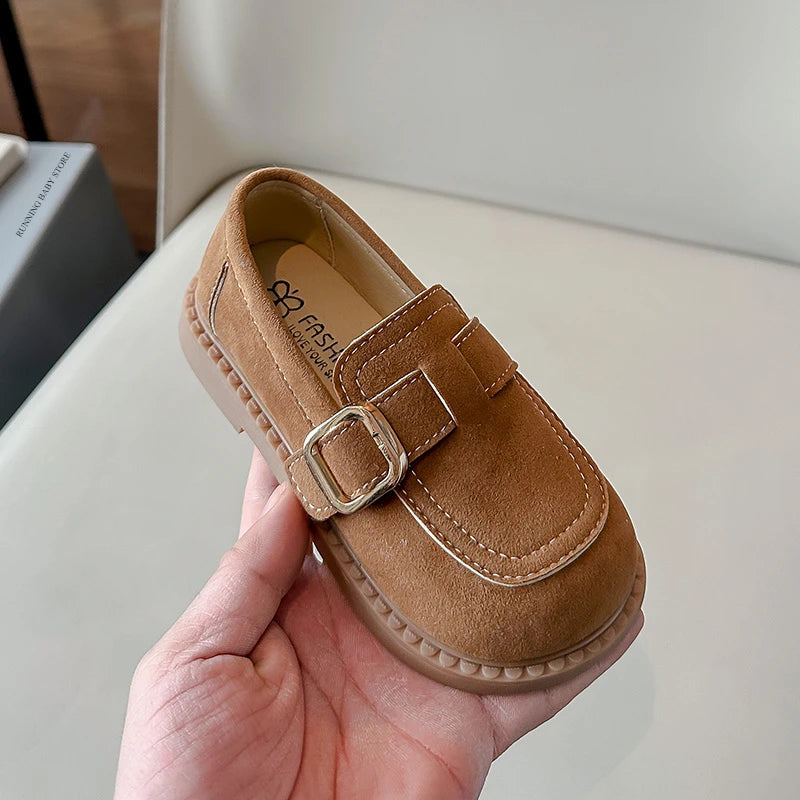 Girls Buckle Loafers with Rounded Toe and Stitched Detail, Brown or Khaki Casual Flats for School Outfits, Spring and Fall Days