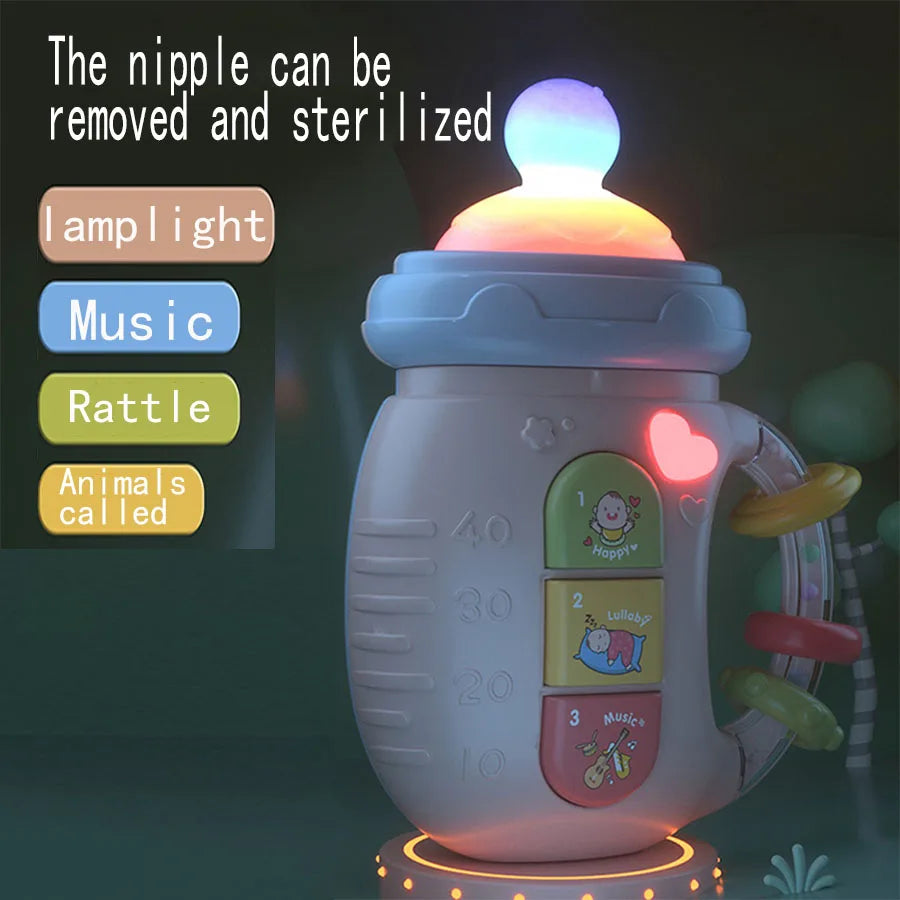 Bottle-Shaped Musical Baby Rattle with Light-Up Top, Three Picture Buttons and Colorful Handle Rings for Supervised Sensory Play and Gifts