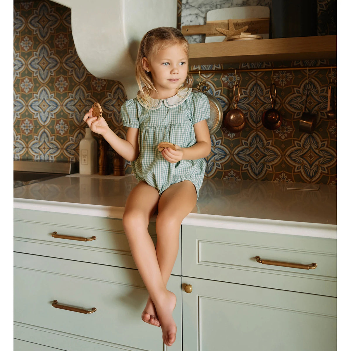 Sage Green Gingham Kids Outfits with Cotton Girls Dress and Baby Romper Options, Lyocell Knit Layers and Boys Separates for Sibling Family Photos