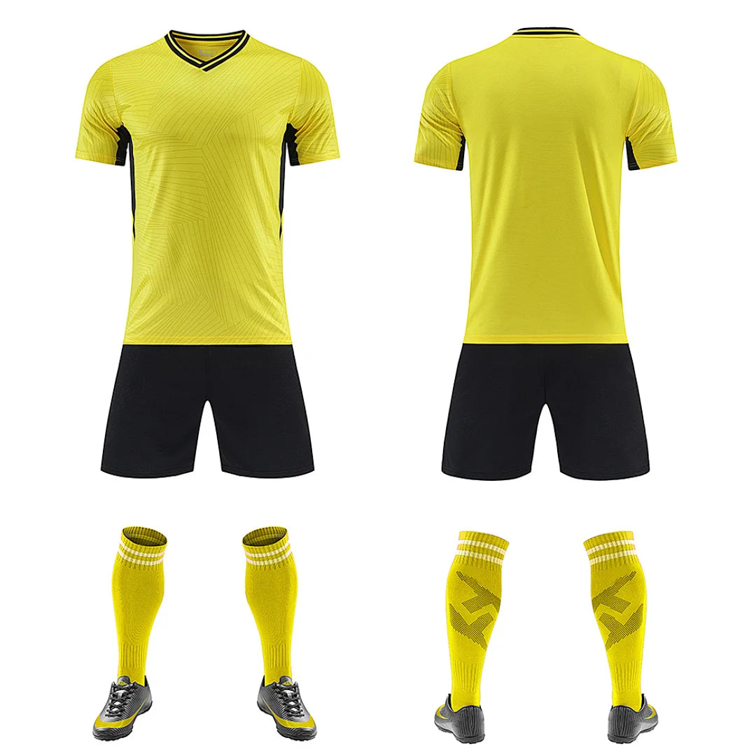 Kids Soccer Training Outfit with Short Sleeve V-Neck Jersey and Shorts, Contrast Trim Sports Clothing Set for Boys and Girls, Youth and Adult Sizes