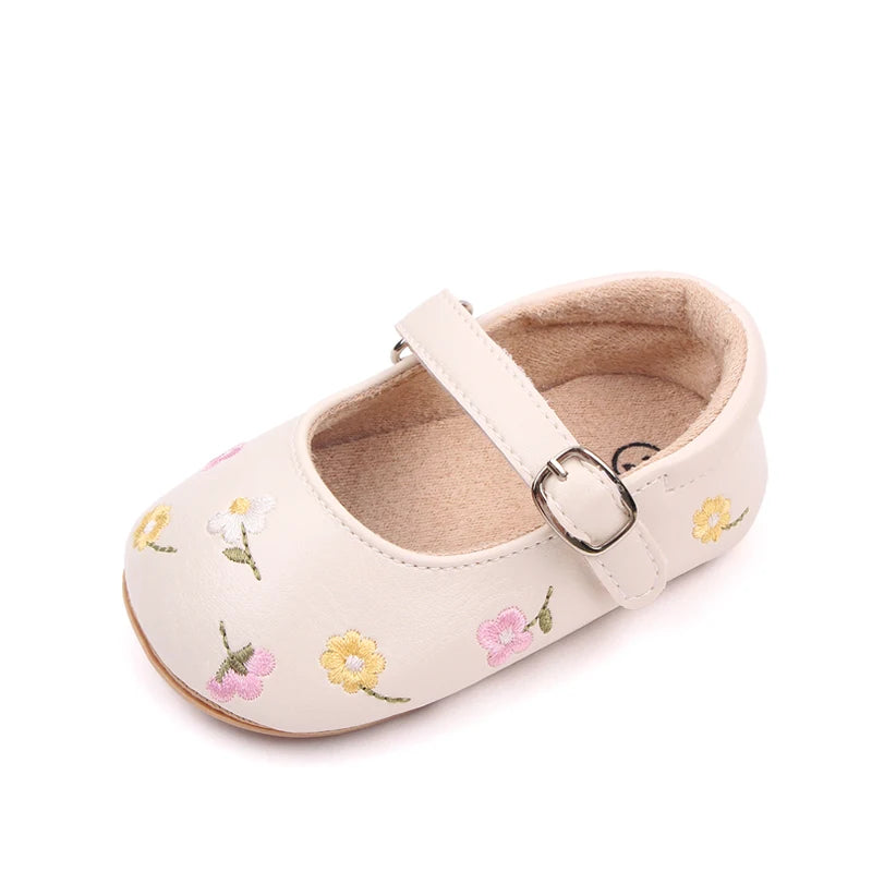 Baby Floral Mary Jane Shoes with Embroidered Flowers, Soft TPR Soles and PU Uppers in Beige Brown or Lavender for Dressy Outfits, Sizes 0-18 Months