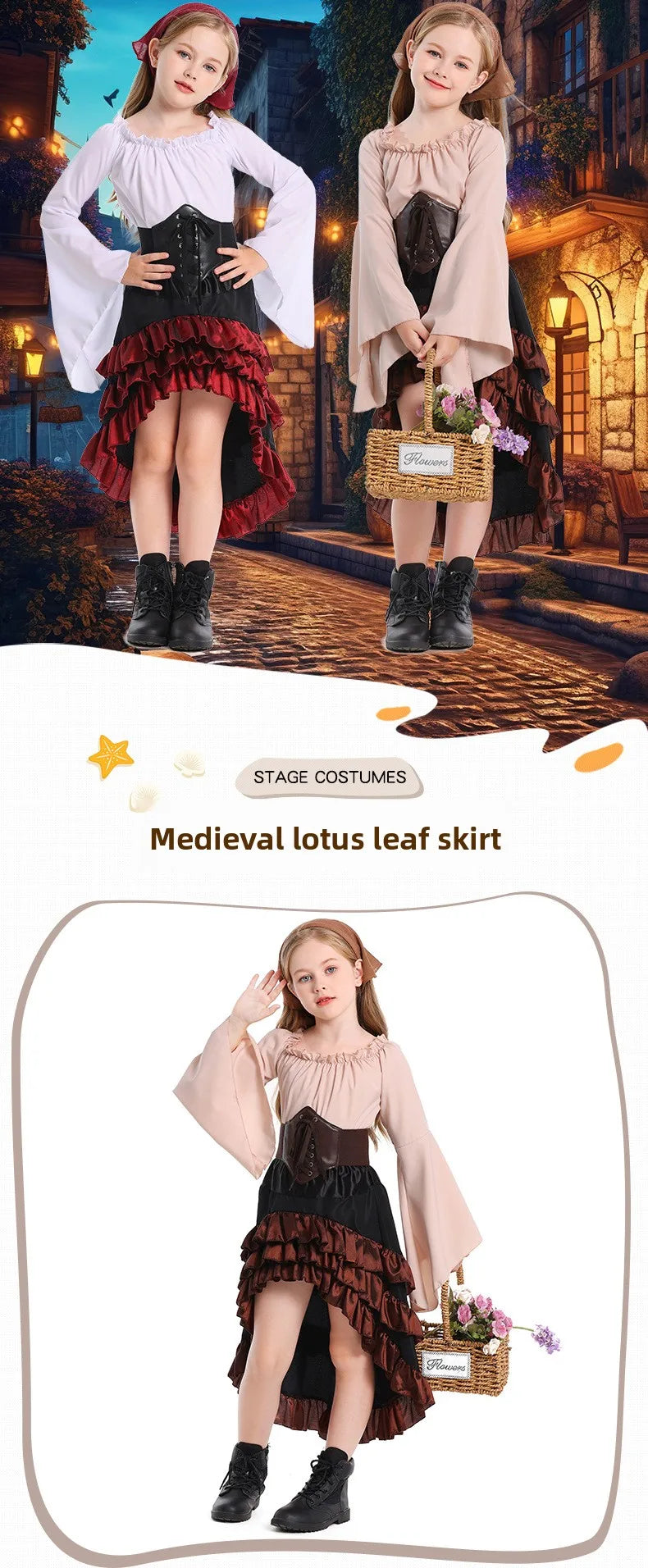 Girls Pirate Costume Set with Bell Sleeve Blouse, High-Low Skirt, Head Scarf and Lace-Up Waistband for Halloween and Dress-Up Parties