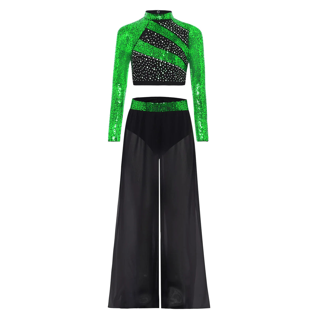 Girls Lyrical Dance Costume Set with Mock Neck Sparkle Top and Wide Leg Pants, Chiffon Overlay and Sleeveless Styles for Recitals and Stage Performances