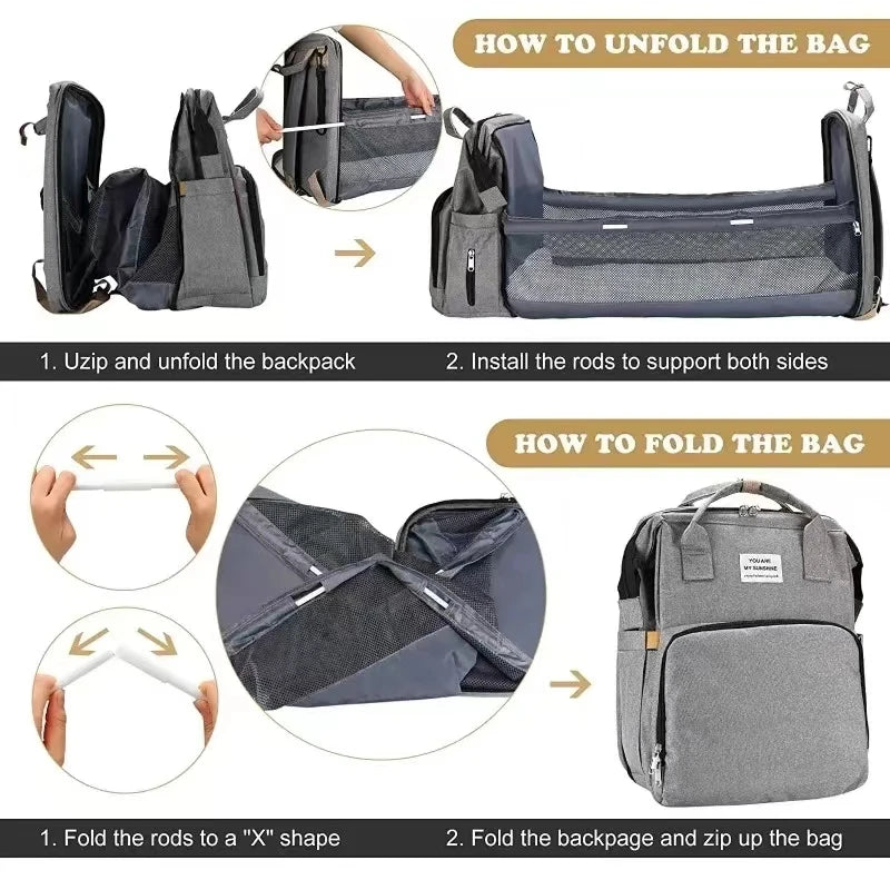 Diaper Backpack with Three Insulated Bottle Pockets and Fold-Out Changing Station, Multi-Pocket Baby Supply Bag for Moms and Dads on Everyday Outings