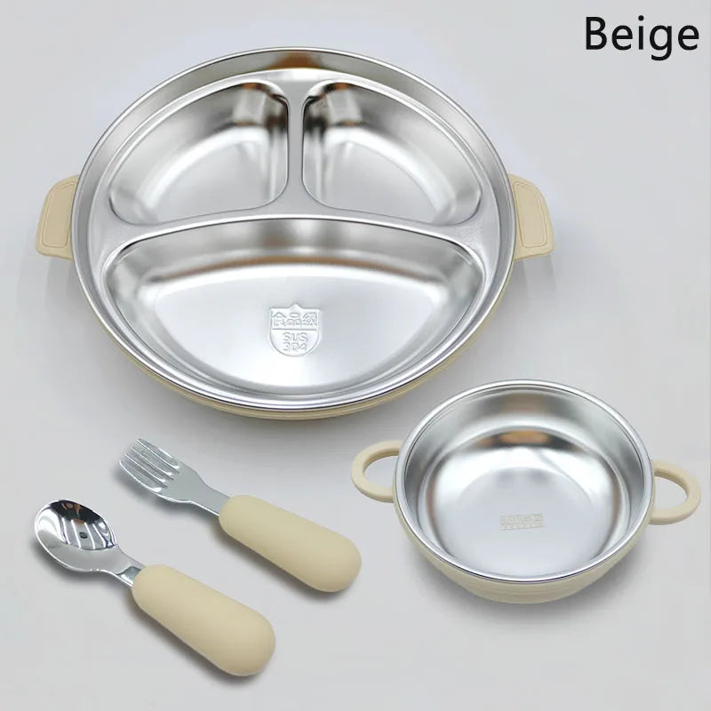 Stainless Steel Baby Feeding Set, 4-Piece Tableware with Three-Section Suction Plate, Handled Bowl, Spoon and Fork in Four Colors