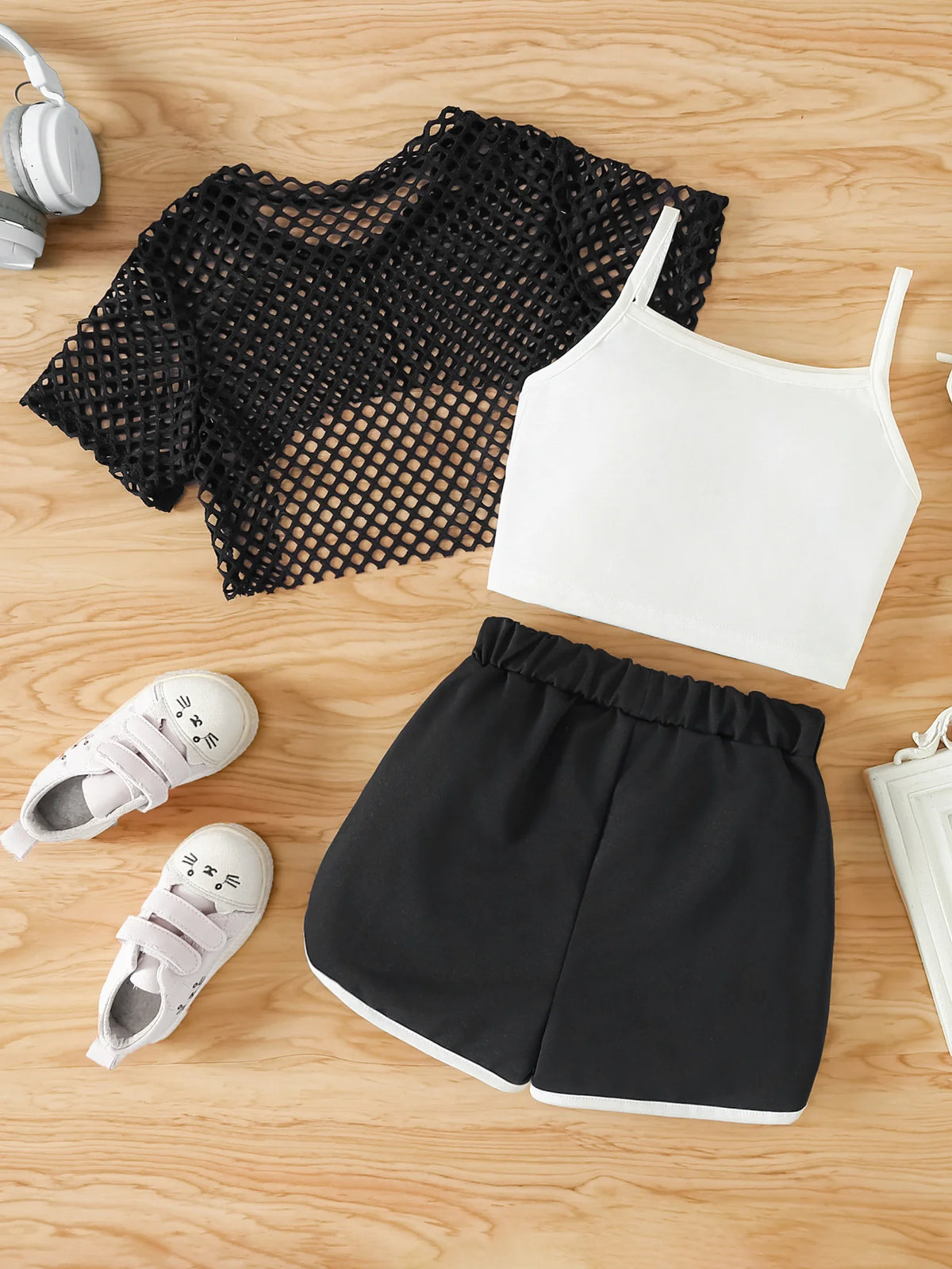 Girls Mesh Top and Shorts Outfit with Brooklyn Print Cami, Three-Piece Summer Set with Short Sleeves and Elastic Waist for Ages 8-12