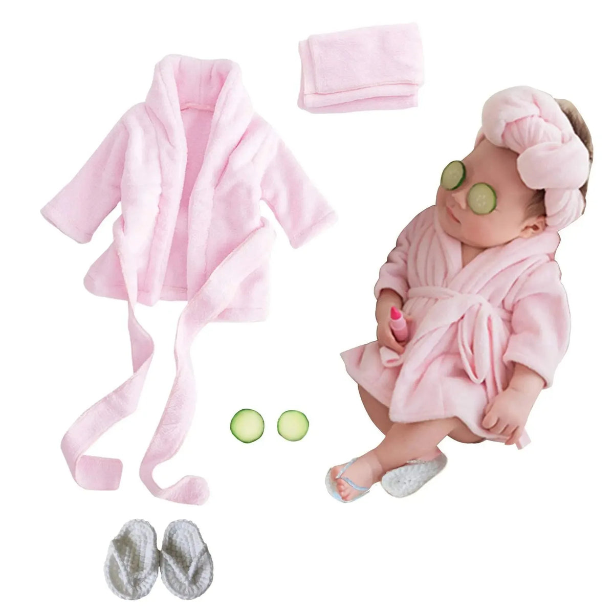 Baby Spa Photo Prop Set, 5-Piece Newborn Bathrobe Outfit with Towel, Slippers and Cucumber Props for Boys and Girls 0-6 Months