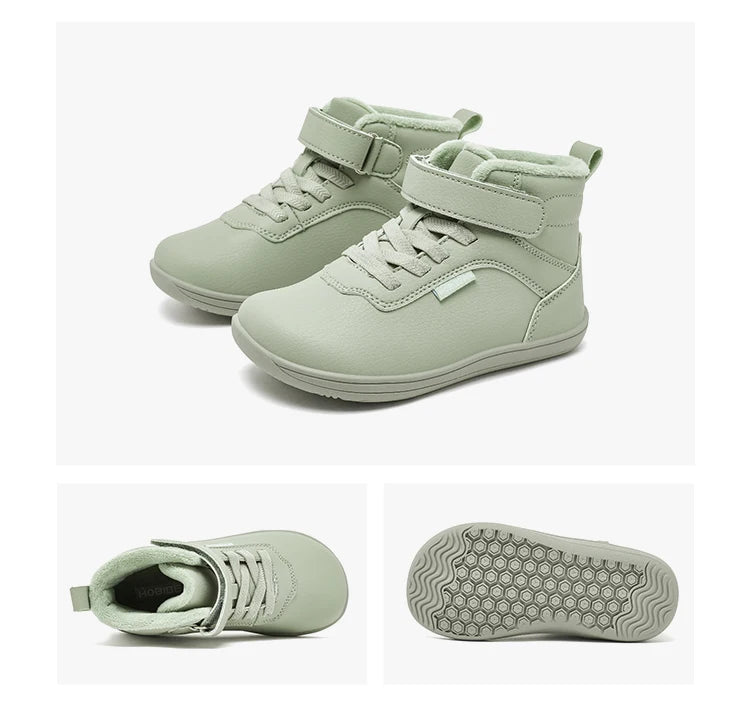 Winter Barefoot High-Top Shoes for Kids by HOBIBEAR, Wide Toe Box, Faux Fur Lining, Zero-Drop Rubber Sole and Adjustable Hook-and-Loop Strap
