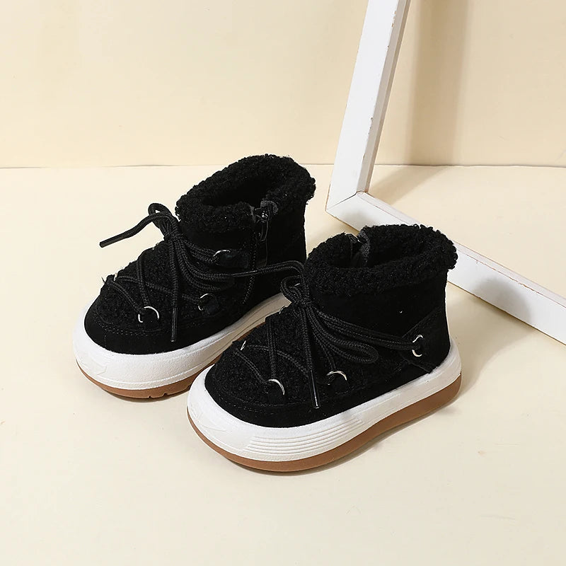 Toddler Plush Ankle Boots with Lace-Up Front, Rubber Soles and Fluffy Trim for Boys and Girls, Beige Black or Pink Cool-Weather Shoes