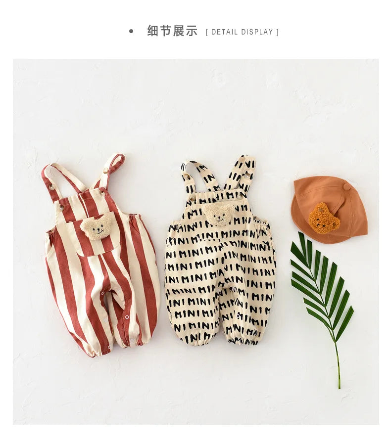 Baby Bear Patch Overalls with Red Stripe or Beige MINI Print, Button Shoulder Straps and Snap Legs, Loose-Fit Infant Jumpsuit for Boys and Girls