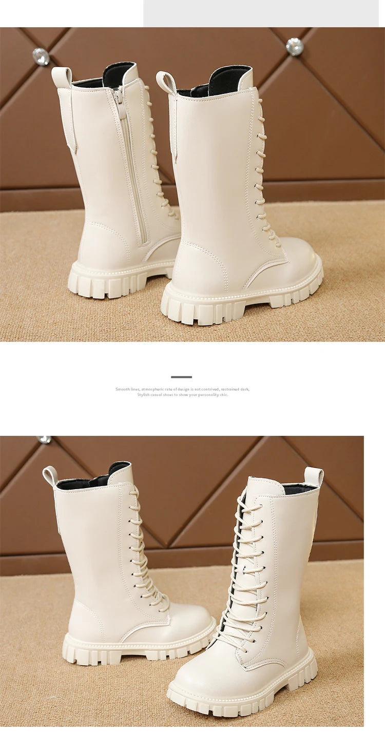 Girls Mid-Calf Lace-Up Boots with Side Zippers, Chunky Lug-Style Soles and Back Pull Tabs, Fall Winter Fashion Footwear in Sizes 27-36