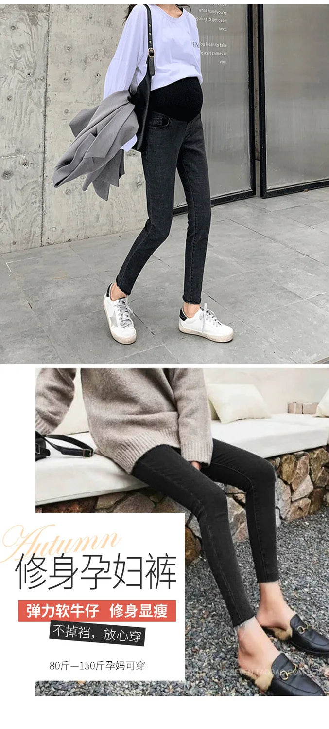Maternity Denim Jeans with Over-Belly Panel, Blue Pregnancy Pants with Frayed Hem Styling, M-2XL Options for Everyday Casual Outfits