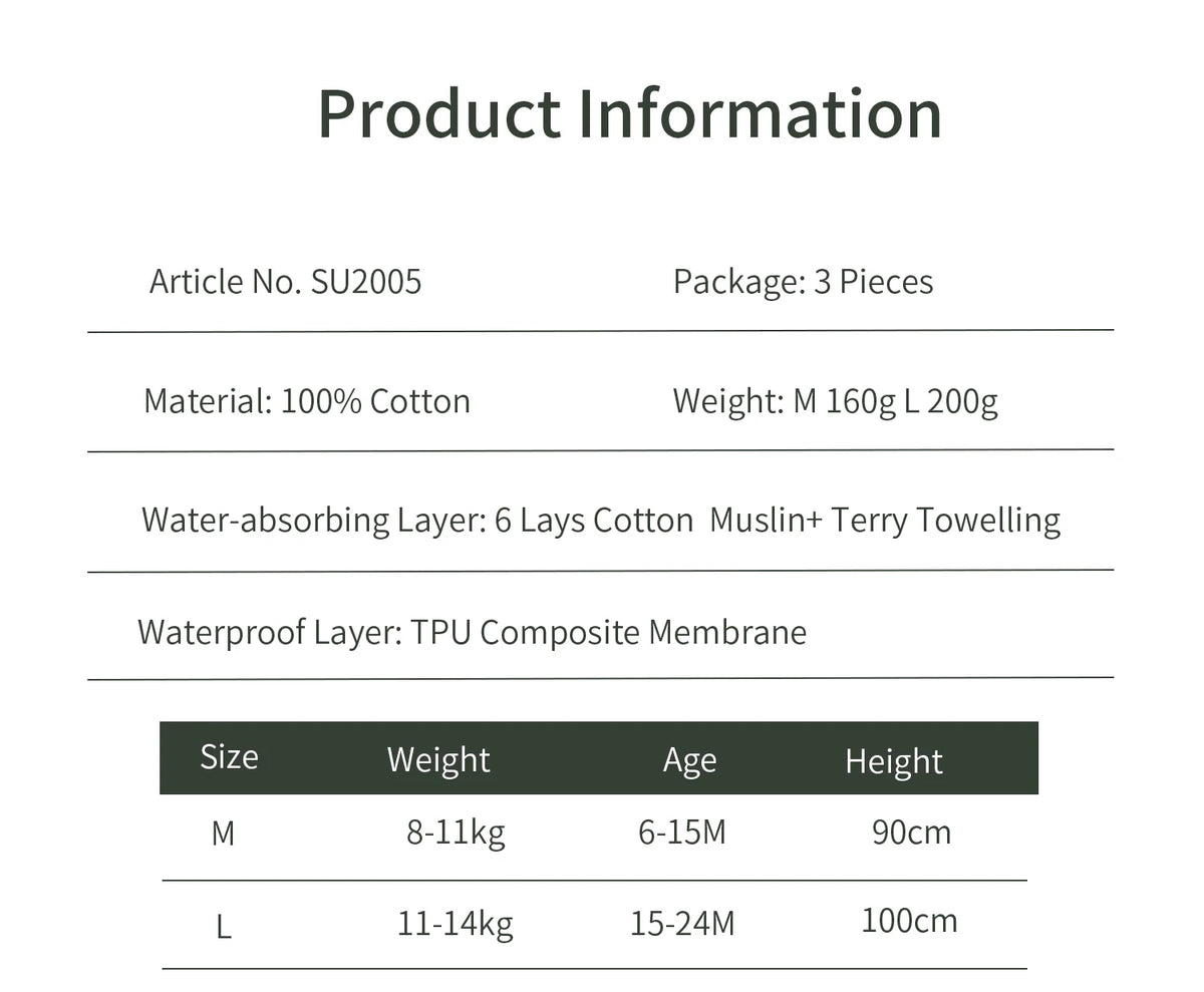 6-Layer Cotton Training Pants, 3-Pack Reusable Toddler Potty Underwear with Elastic Waist and Printed Designs in 90 cm and 100 cm Size Options