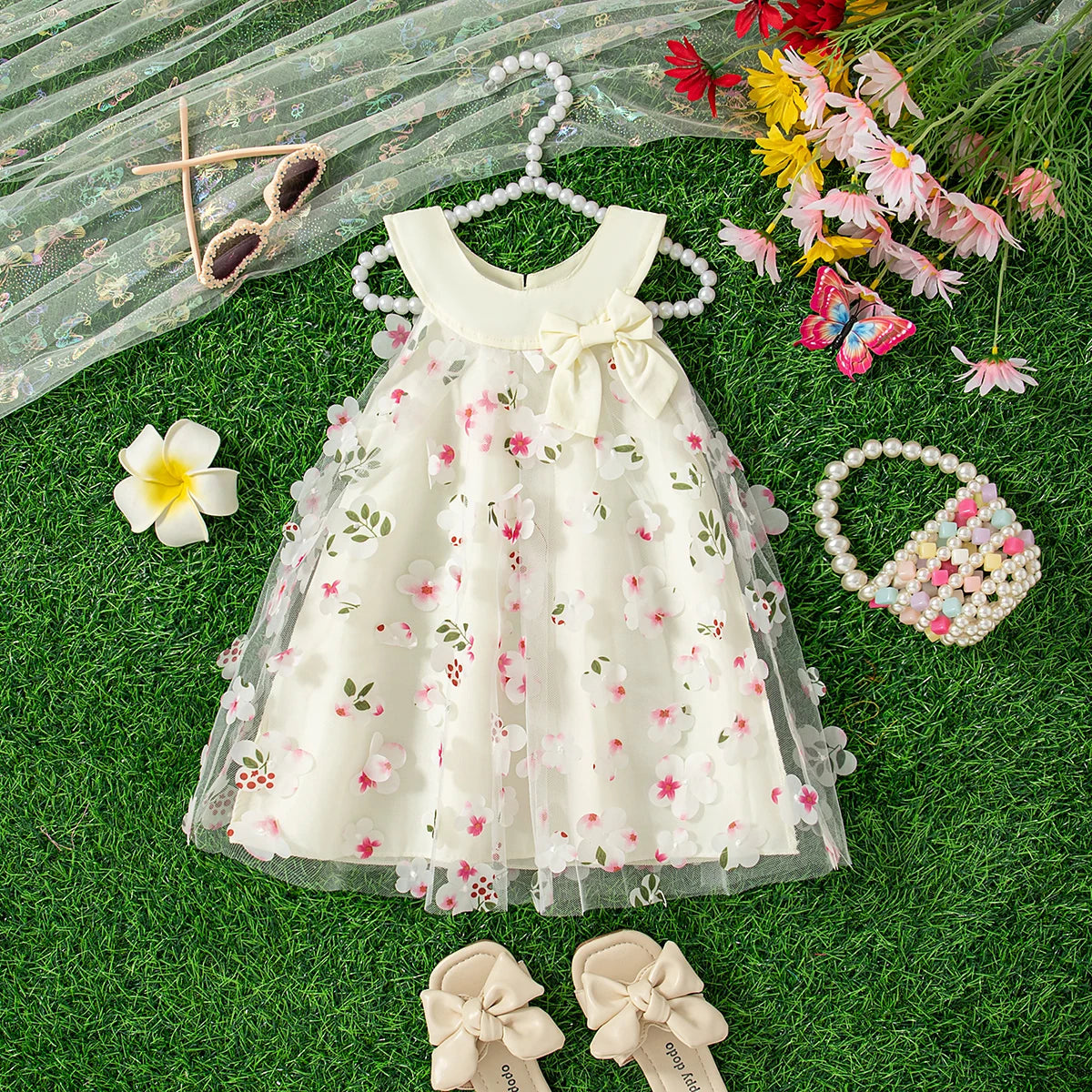Baby Girl Floral Mesh Dress with Bow, Sleeveless Party Dress in Infant and Toddler Sizes for Birthdays, Family Photos and Summer Celebrations