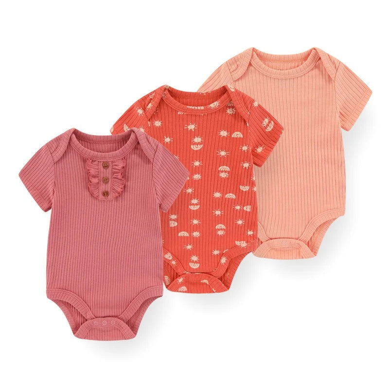 Cotton Infant Bodysuit Trio with Short Sleeves, Printed and Solid Baby One-Piece Outfits with Bottom Snaps for Boys and Girls, 3M-12M