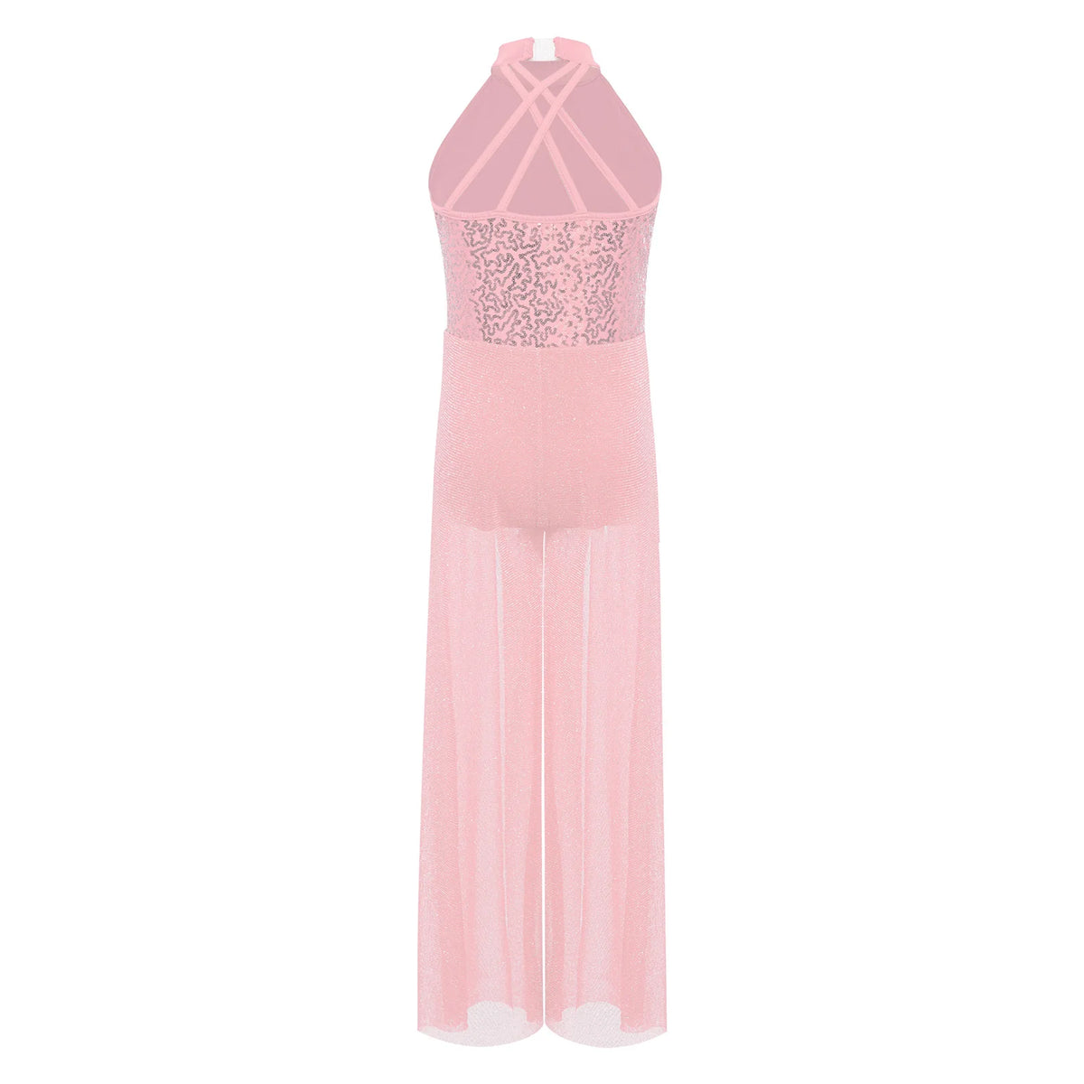 Girls Sequin Dance Jumpsuit with Split Wide-Leg Mesh, Sleeveless Mock Neck and Crisscross Back for Lyrical Recitals and Stage Performances