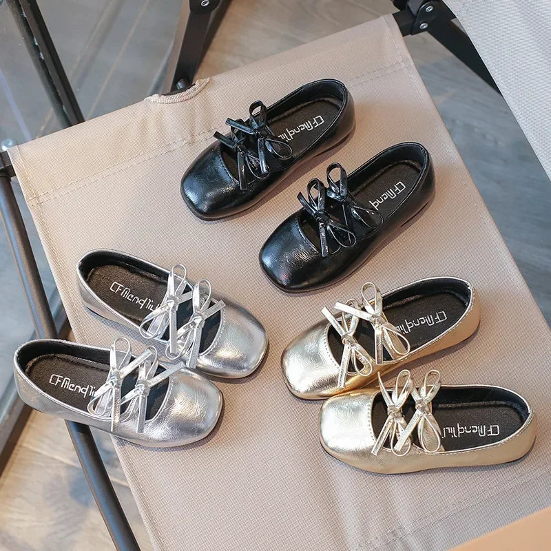 Girls Square-Toe Double-Bow Dress Flats with Cross-Strap Detail in Silver, Black or Gold for Party Outfits, Family Celebrations and Special Occasions