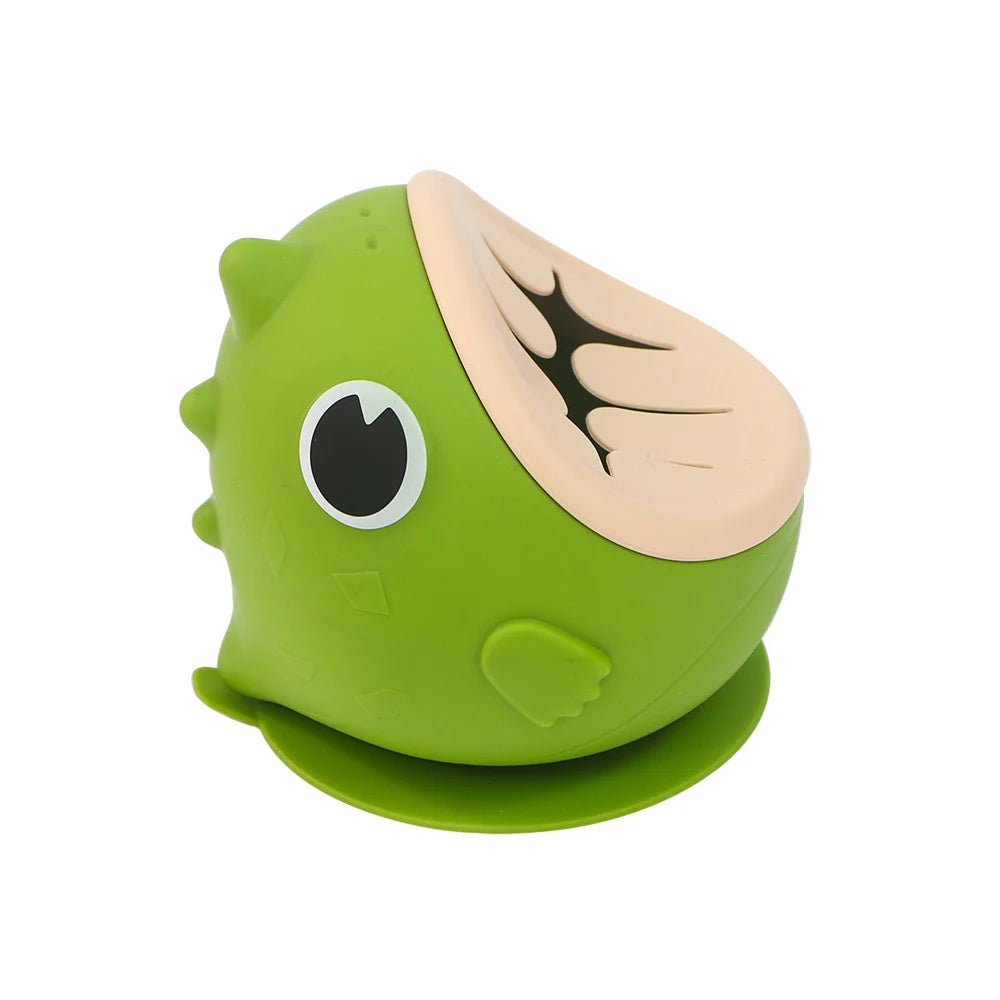Dinosaur Silicone Suction Bowl with Slotted Snack Lid, Cartoon Baby Feeding Dish for Supervised Weaning Meals and Toddler Snacks