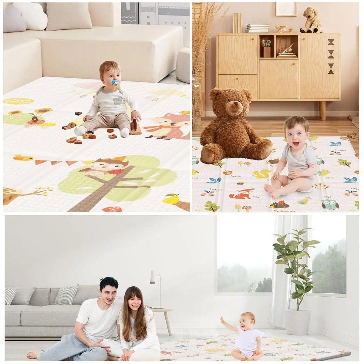 Fold-and-Carry Baby Play Mat with Double-Sided Illustrated Prints, Wipe-Clean Foam Floor Rug and Storage Bag for Supervised Tummy Time and Crawling