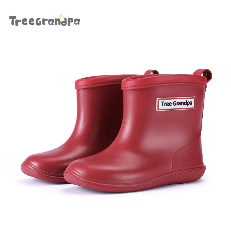 Solid Color Kids Rain Boots in PVC with Rear Pull Tabs, Mid-Calf Pull-On Rainy-Day Shoes for Boys and Girls, Eight Colors and Listed Sizes 5-12