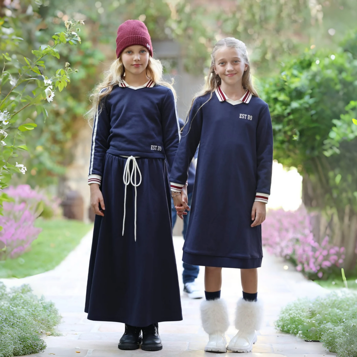 Navy Collared Kids Matching Outfits with Striped Trim, Boys Sweatshirt, Girls Dress and Skirt Set Options for Sibling Photos and Fall