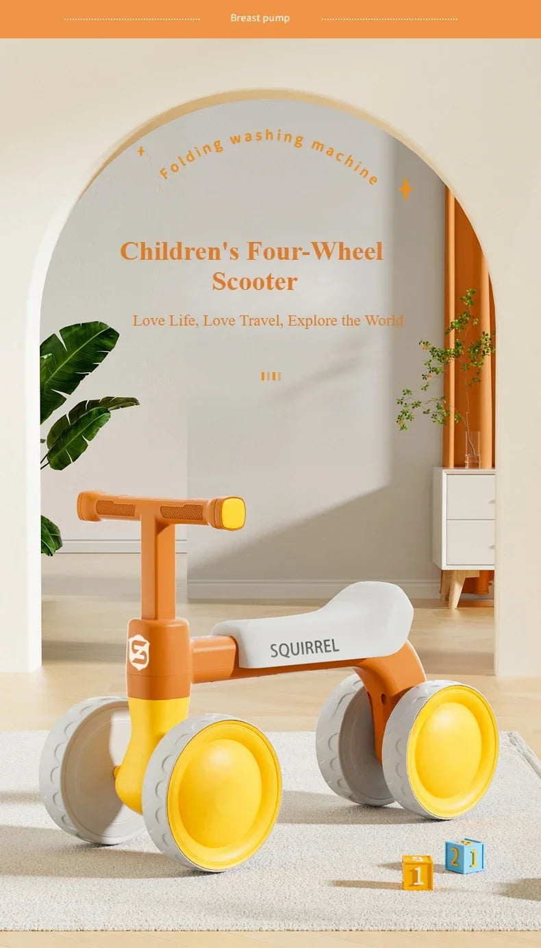 Toddler Four-Wheel Ride-On Bike in Green or Orange with Pedal-Free Design, Straight Handlebars and Shaped Seat for Supervised Play