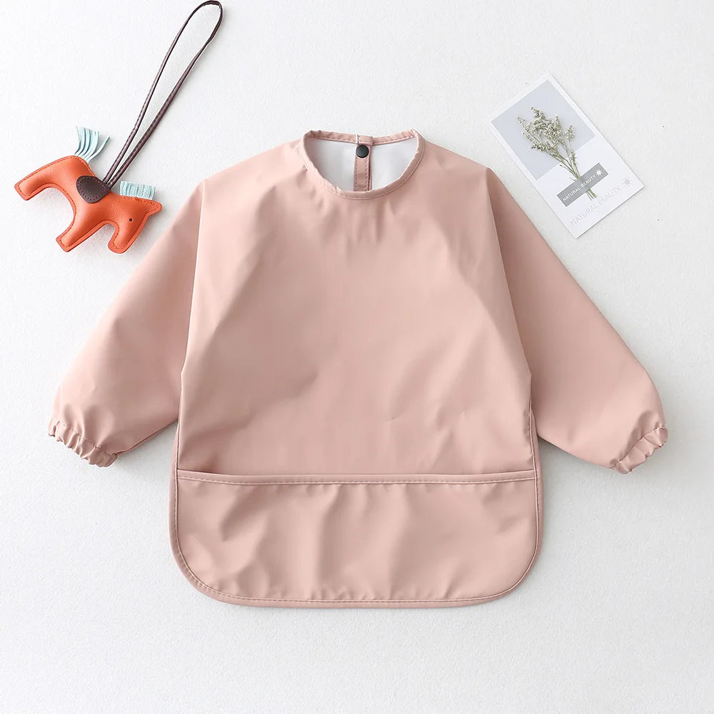 Long Sleeve Feeding Bib for Babies and Toddlers, Solid Color Polyester Mealtime Apron with Front Pocket for Snacks and Messy Art Play