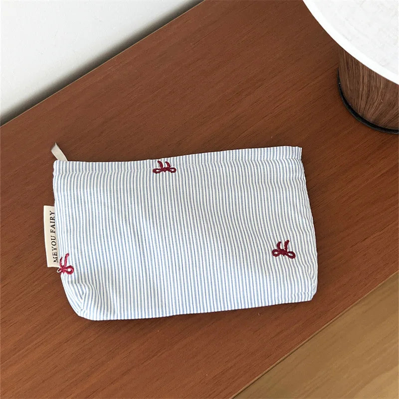 Baby Essentials Pouch with Striped Bow Embroidery and Zipper Closure, Small or Large Diaper Bag Organizer for Toiletries, Makeup and Travel