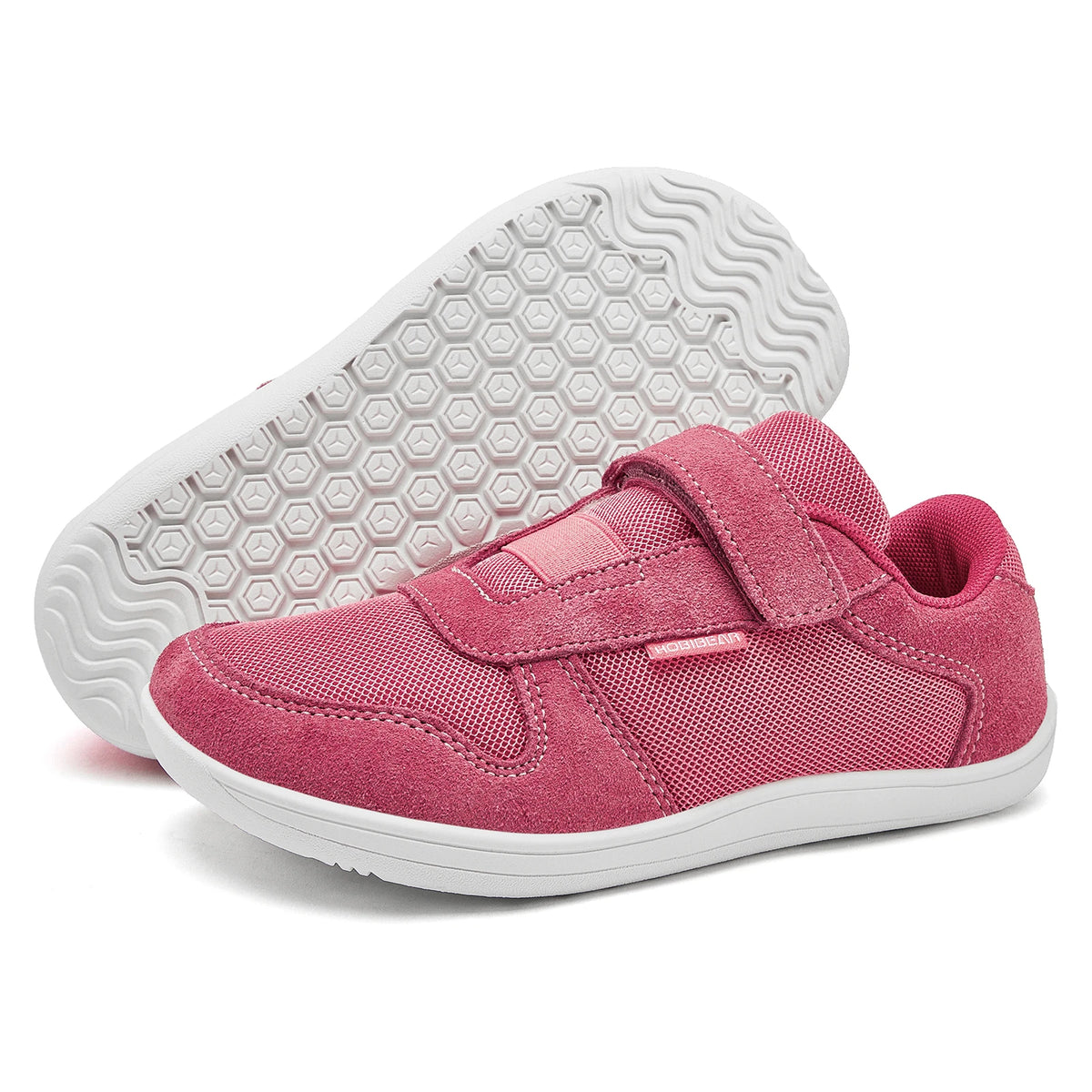 Kids Zero-Drop Barefoot Sneakers by HOBIBEAR with Wide Toe Box, Hook-and-Loop Strap, Mesh Upper and Artificial Leather Toe for Lightweight Everyday Wear