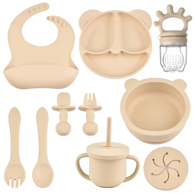 Silicone Suction Feeding Set, 10-Piece Panda Baby Tableware with Divided Plate, Bowl, Pocket Bib, Straw Cup and Two Utensil Pairs in Nine Colors