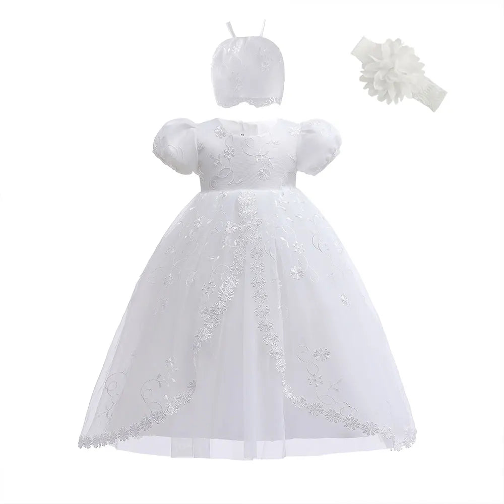 Baby Baptism Gown for Girls with Long Sleeves, Lace Details and Cotton Lining, Dress and Cap Set for Christening and First Birthday Photos