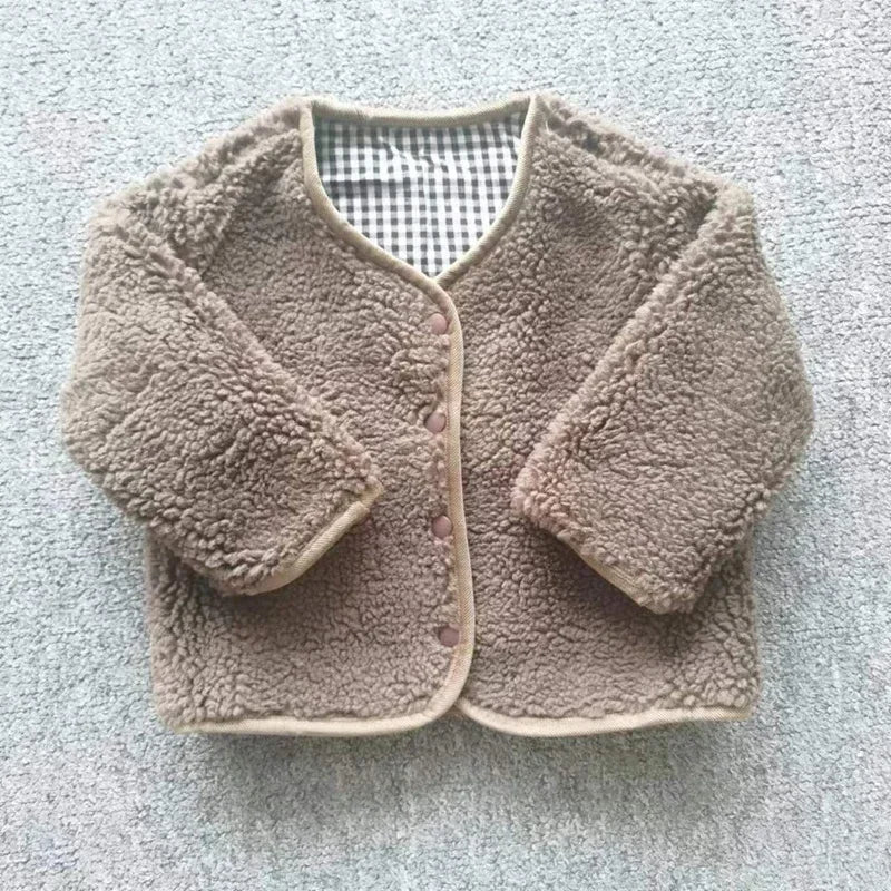 Toddler Reversible Plaid Jacket with Plush Reverse, V-Neck Snap Front and Patch Pockets, Brown or Beige Kids Fall Winter Layer, Sizes 12M-6T