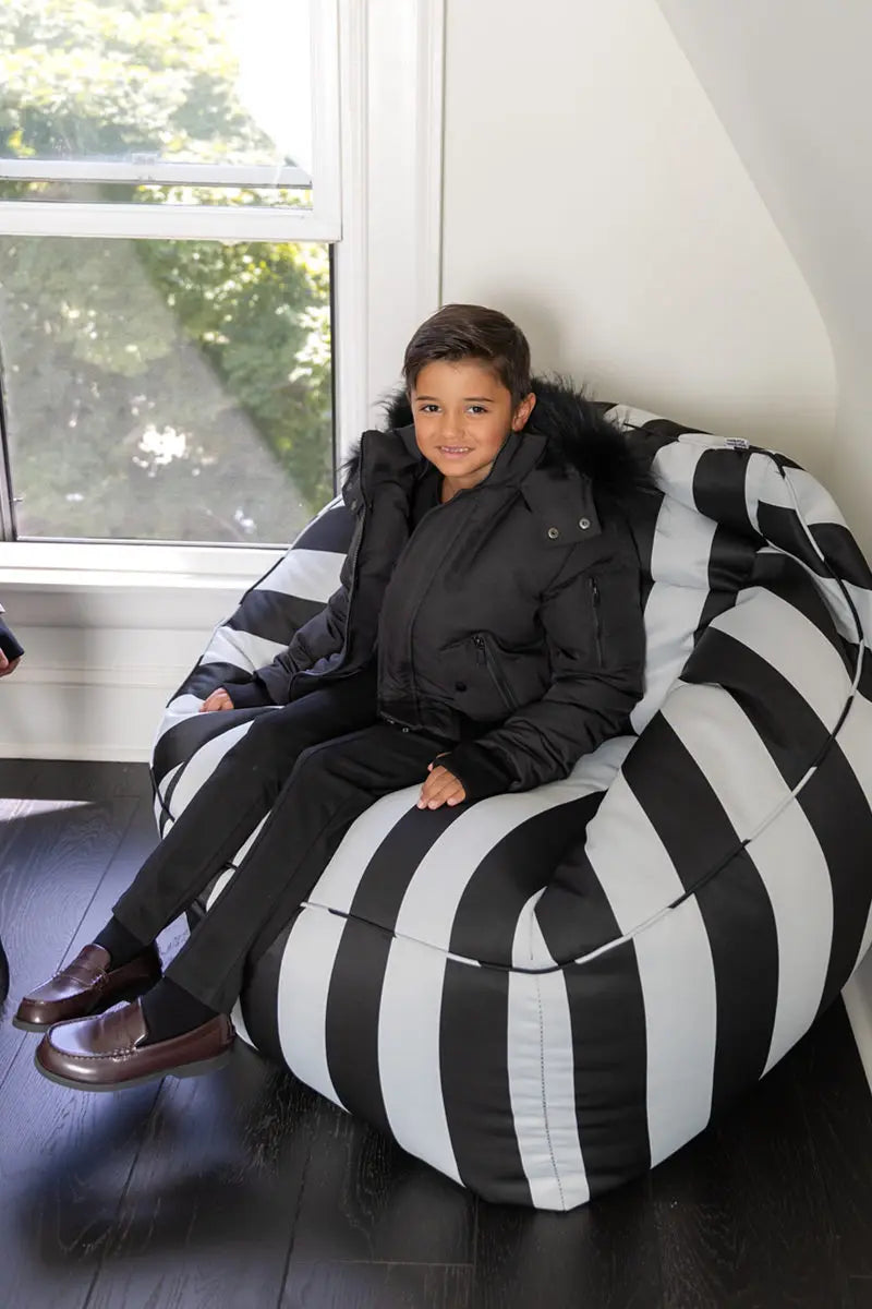 Kids Down Winter Coats with Fur-Trimmed Hoods, Black or Navy Short Bomber and Long Parka Styles for Boys and Girls, Child and Teen Size Options