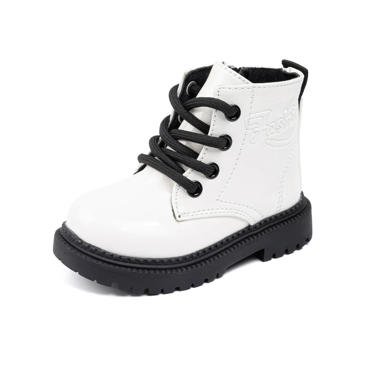Kids PU Leather Combat Ankle Boots with Lace-Up Front, Side Zipper and Black Chunky Soles, Boys and Girls Fall Winter Shoes in Sizes 21-30