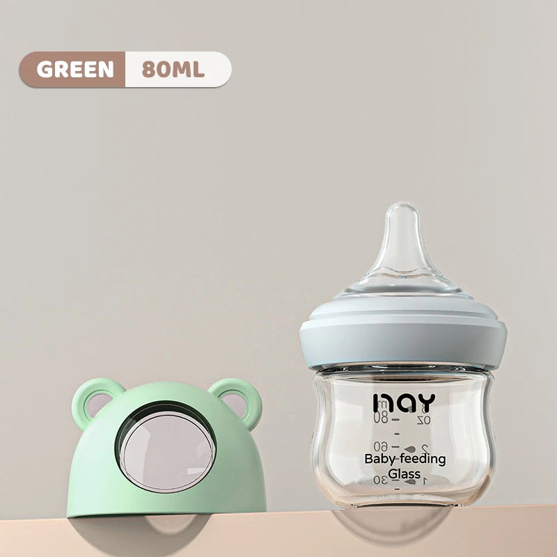 Glass Baby Feeding Bottle, Borosilicate Milk Bottle with Silicone Nipple and Bottom Air Return Valve, 80 mL, 160 mL and 240 mL Infant Options