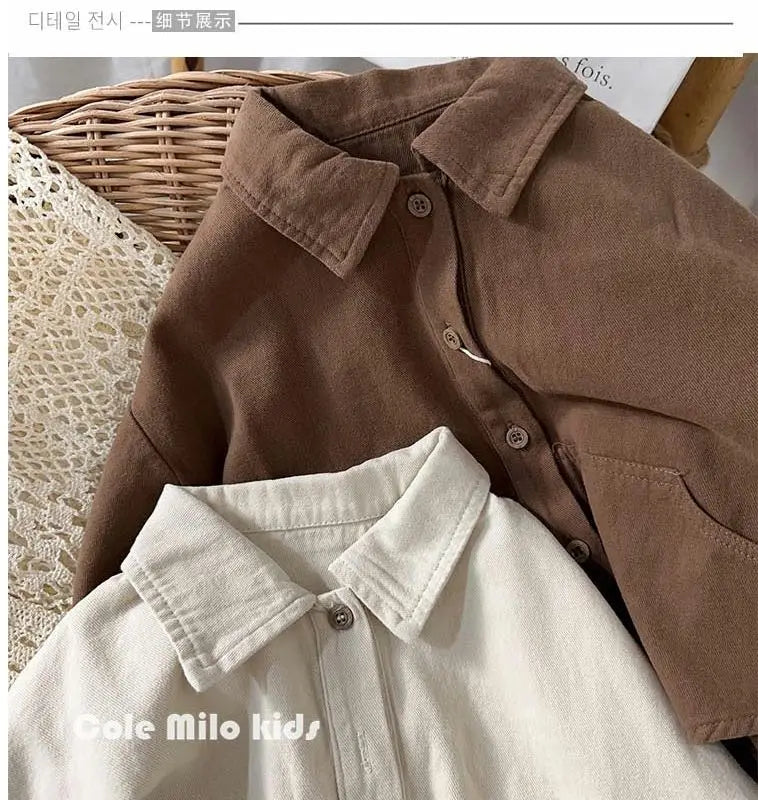 Baby and Toddler Collared Button-Up Shirt with Long Sleeves and Chest Pocket, Beige or Brown Unisex Casual Top for Spring and Fall Family Outfits