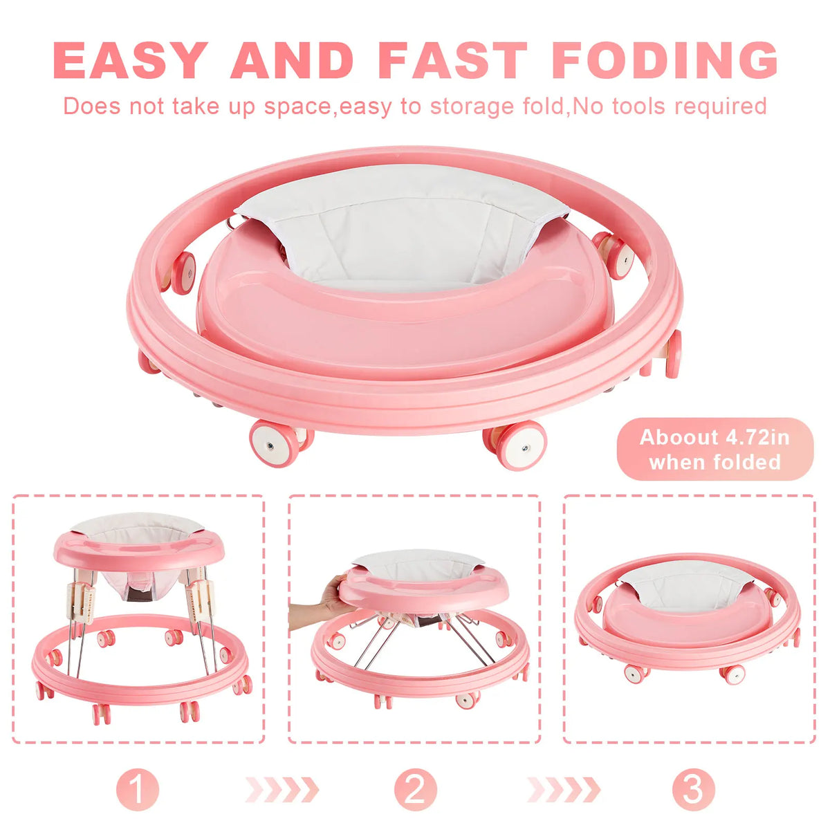Foldable Seated Baby Walker in Pink with 5 Height Settings, Circular Wheeled Base, Tray and Seat for Indoor Use with Adult Supervision