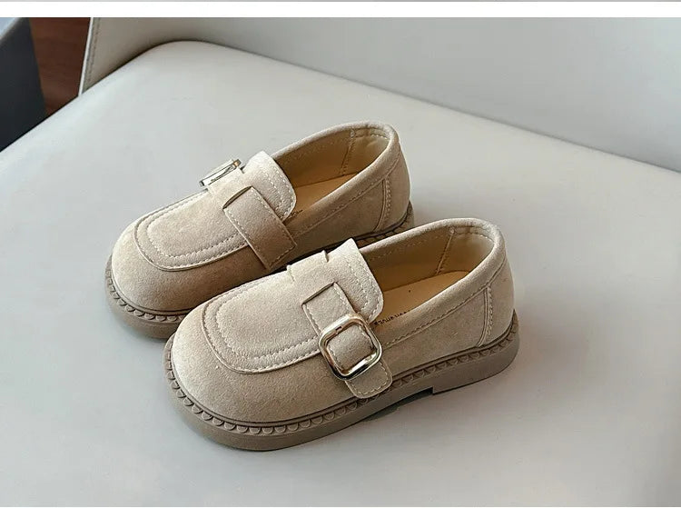 Girls Buckle Loafers with Rounded Toe and Stitched Detail, Brown or Khaki Casual Flats for School Outfits, Spring and Fall Days