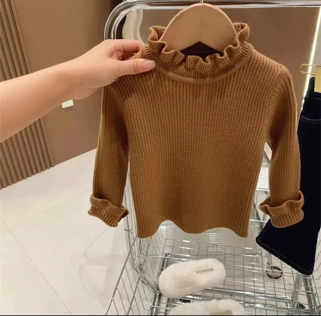 Toddler Lettuce Edge Sweater, Ribbed Knit Mock Neck Pullover with Long Sleeves for Boys and Girls, Six Solid Colors, Sizes 12-18M to 6-7Y