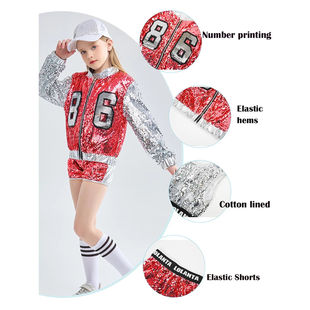 Girls Sequin Hip Hop Dance Costume Set with Metallic Trim Jacket, Crop Top, Shorts and Striped Socks for Jazz Recitals and Stage Performances
