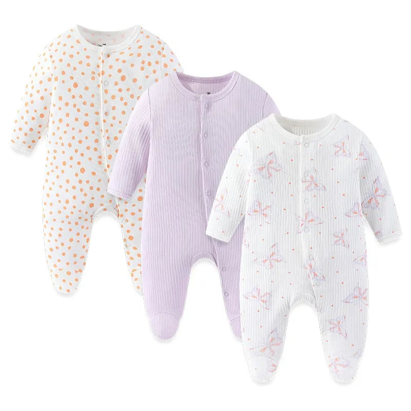 Baby Footed Jumpsuits 3-Pack, 100% Cotton Long Sleeve Cartoon Rompers for Newborn Boys and Girls, Fall and Winter Everyday Outfits