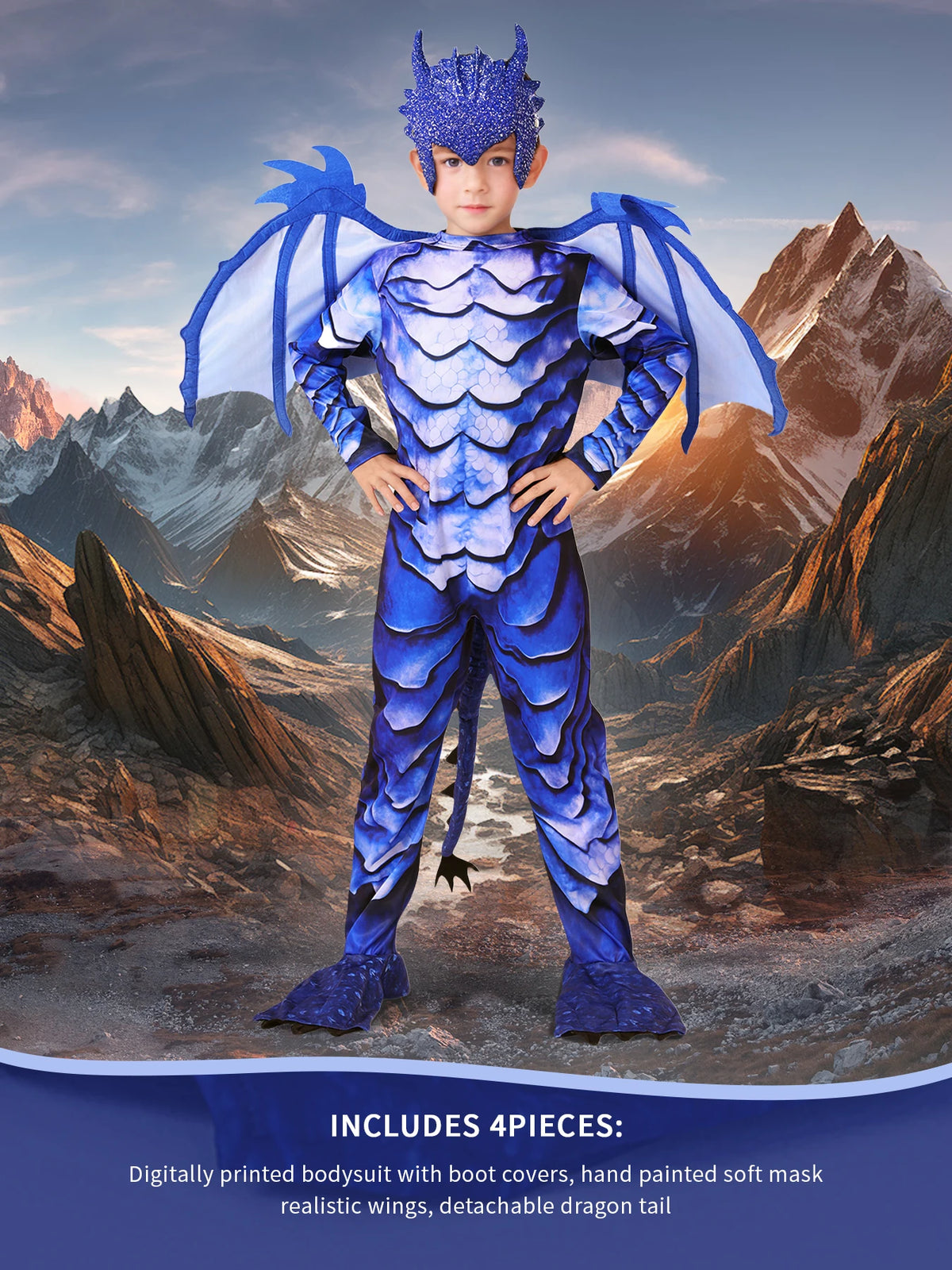 Blue Dragon Costume for Kids with Scale Print Jumpsuit, Wings, Padded Tail and Horned Mask for Halloween, Carnival and Fantasy Dress-Up
