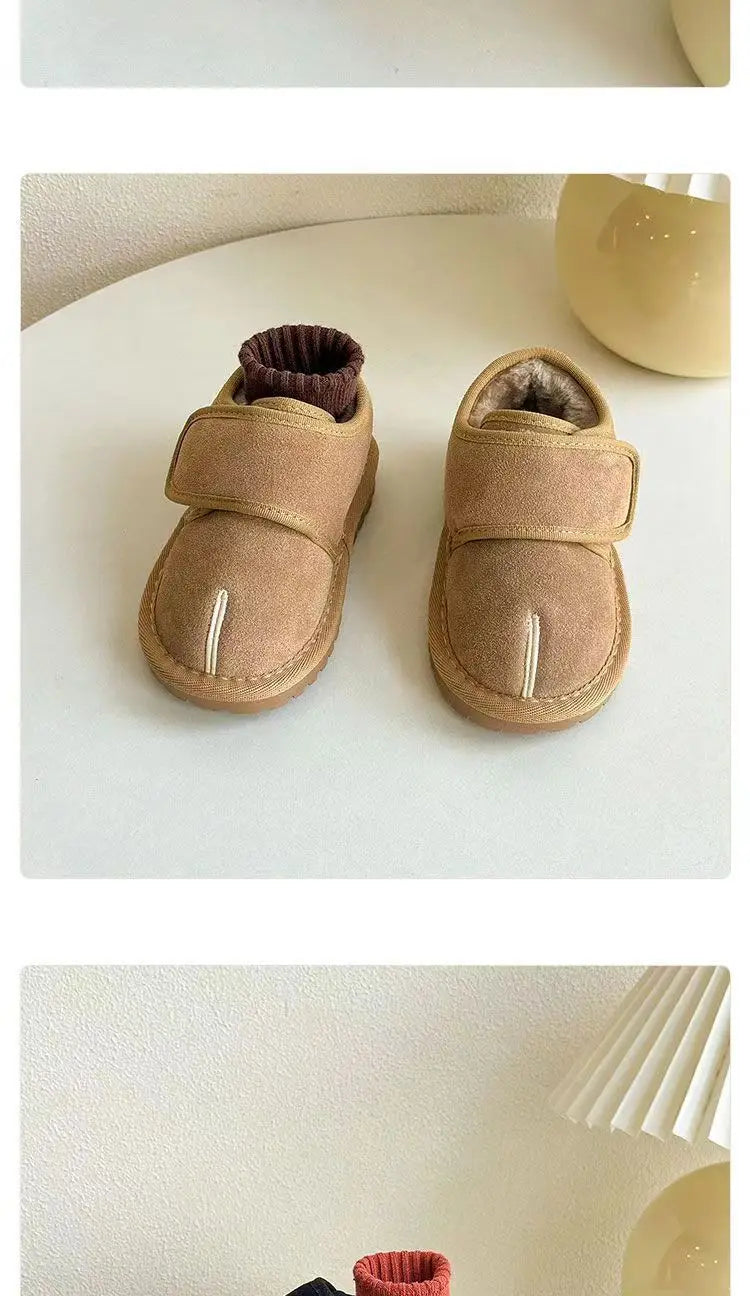 Hook-and-Loop Toddler Winter Ankle Boots with Faux Suede Upper and Plush Lining, Brown Apricot or Black Short Shoes for Boys and Girls in Sizes 21–30
