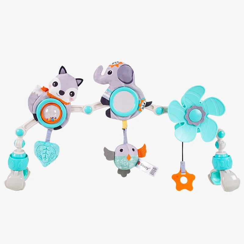 Musical Baby Toy Arch with Animal Rattle, Mirror and Spinning Windmill, Foldable Clip-On Sensory Activity Bar for Compatible Strollers