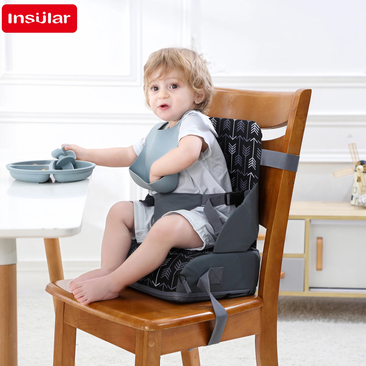 Portable Dining Booster Cushion by INSULAR, Foldable Toddler Chair Seat Pad with Backrest and Buckle Straps for Supervised Home and Away Meals