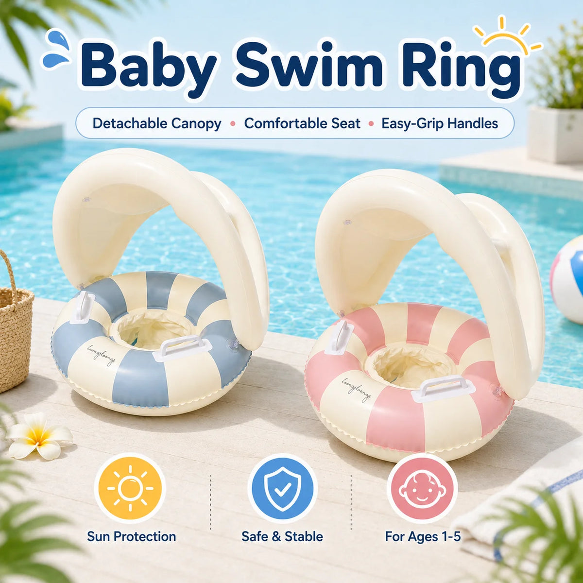 Inflatable Baby Pool Float Seat with Detachable Canopy and Easy-Grip Handles, Retro Striped Swim Ring for Supervised Summer Water Play